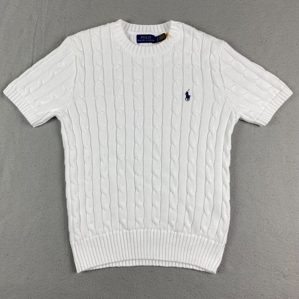 Polo by Ralph Lauren White Cable Knit Short Sleeve Sweater with Navy Logo